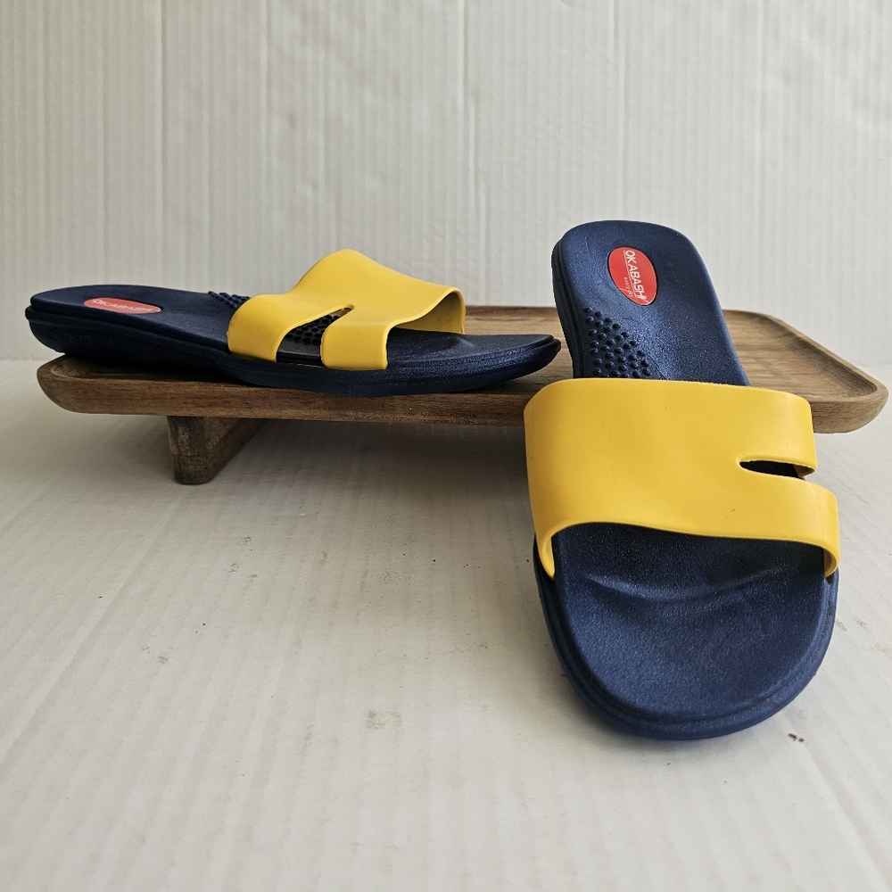 Okabashi Wave Sandals size M/L yellow blue slides rubber slip on open toe
